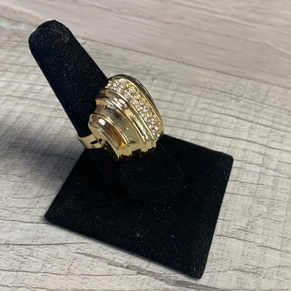 Gold Tone Ribbed Dome Statement Ring Clear Rhinestone Accent Adjustable Size 8.5